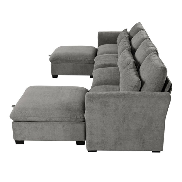 English Elm U_style Modular U-shaped Sectional Sofa with Storage Ottomans Linen Polyester 6 Seat Gray WY000462AAE