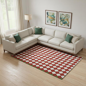 HomeRoots 9' X 12' Bold Red Green White Geometric Area Rug - Washable, UV Protected, Non-Slip Backing! 701700