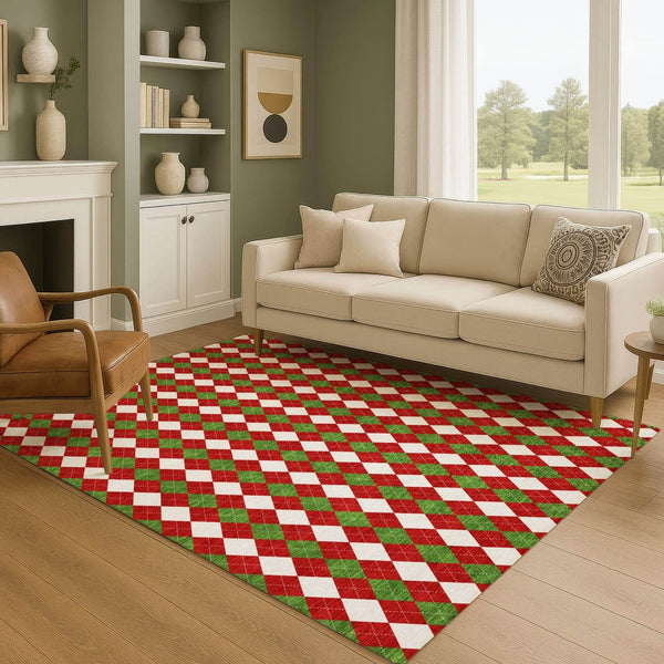 HomeRoots 9' X 12' Bold Red Green White Geometric Area Rug - Washable, UV Protected, Non-Slip Backing! 701700