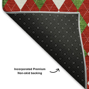 HomeRoots 9' X 12' Bold Red Green White Geometric Area Rug - Washable, UV Protected, Non-Slip Backing! 701700
