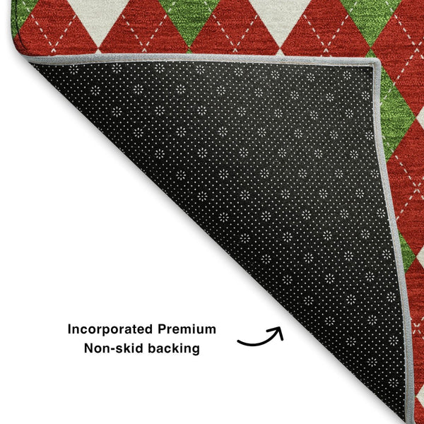HomeRoots 9' X 12' Bold Red Green White Geometric Area Rug - Washable, UV Protected, Non-Slip Backing! 701700