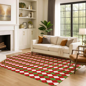 HomeRoots 9' X 12' Bold Red Green White Geometric Area Rug - Washable, UV Protected, Non-Slip Backing! 701700