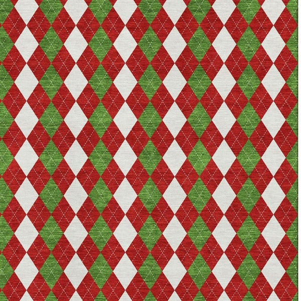 HomeRoots 9' X 12' Bold Red Green White Geometric Area Rug - Washable, UV Protected, Non-Slip Backing! 701700