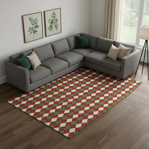 HomeRoots 10' X 14' Bold Red, Green & White Geometric Washable Area Rug with UV Protection for High Traffic Homes 701701