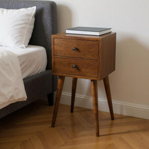 HomeRoots 22" Brown Solid Wood Two Drawer Nightstand with Open Shelf - Modern Design for Stylish Storage Solutions 701703