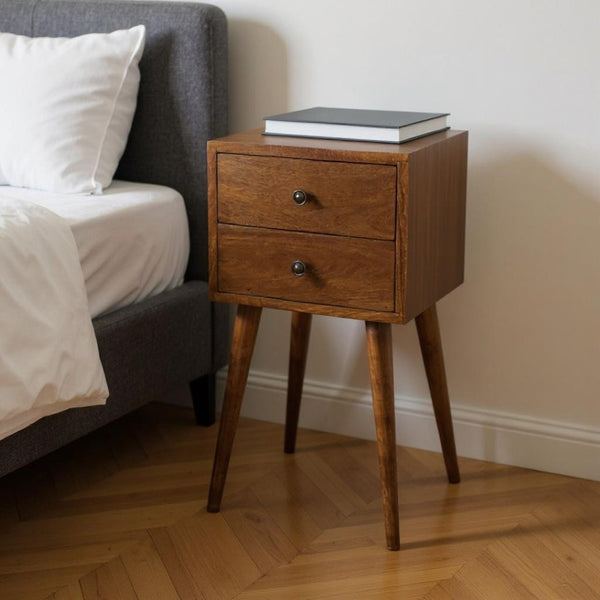 HomeRoots 22" Brown Solid Wood Two Drawer Nightstand with Open Shelf - Modern Design for Stylish Storage Solutions 701703