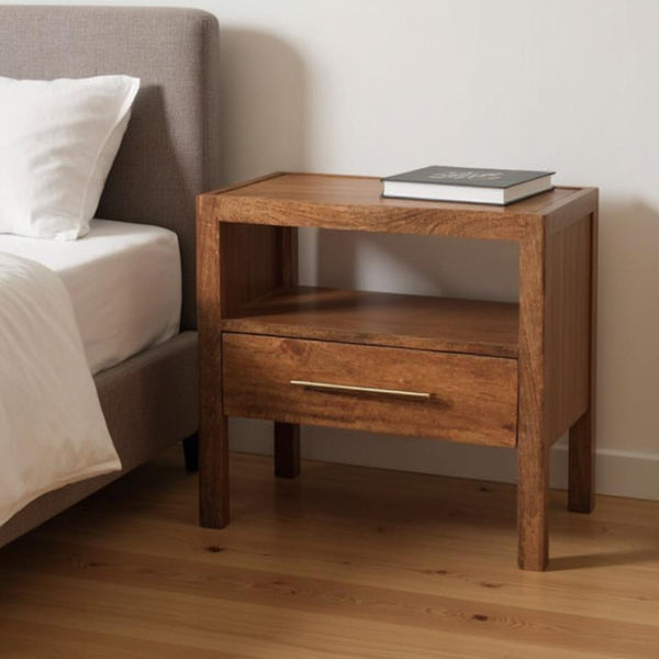 HomeRoots 22" Brown Solid Wood Nightstand with Drawer & Open Shelf - Stylish, Durable & Space-Saving Design 701710