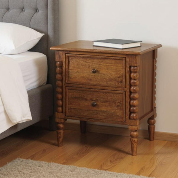 HomeRoots 24" Solid Wood Two Drawer Nightstand - Versatile Storage, Warm Brown Finish, Modern Design & Durability 701711