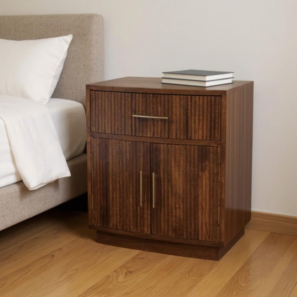 HomeRoots 24" Brown Solid Wood Nightstand with Drawer & Open Shelf - Modern, Versatile Storage for Any Room 701715
