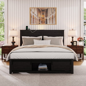 English Elm Full Farmhouse Platform Bed Upholstered Wood Frame with Led Lighting and Charging Ports W636P263895