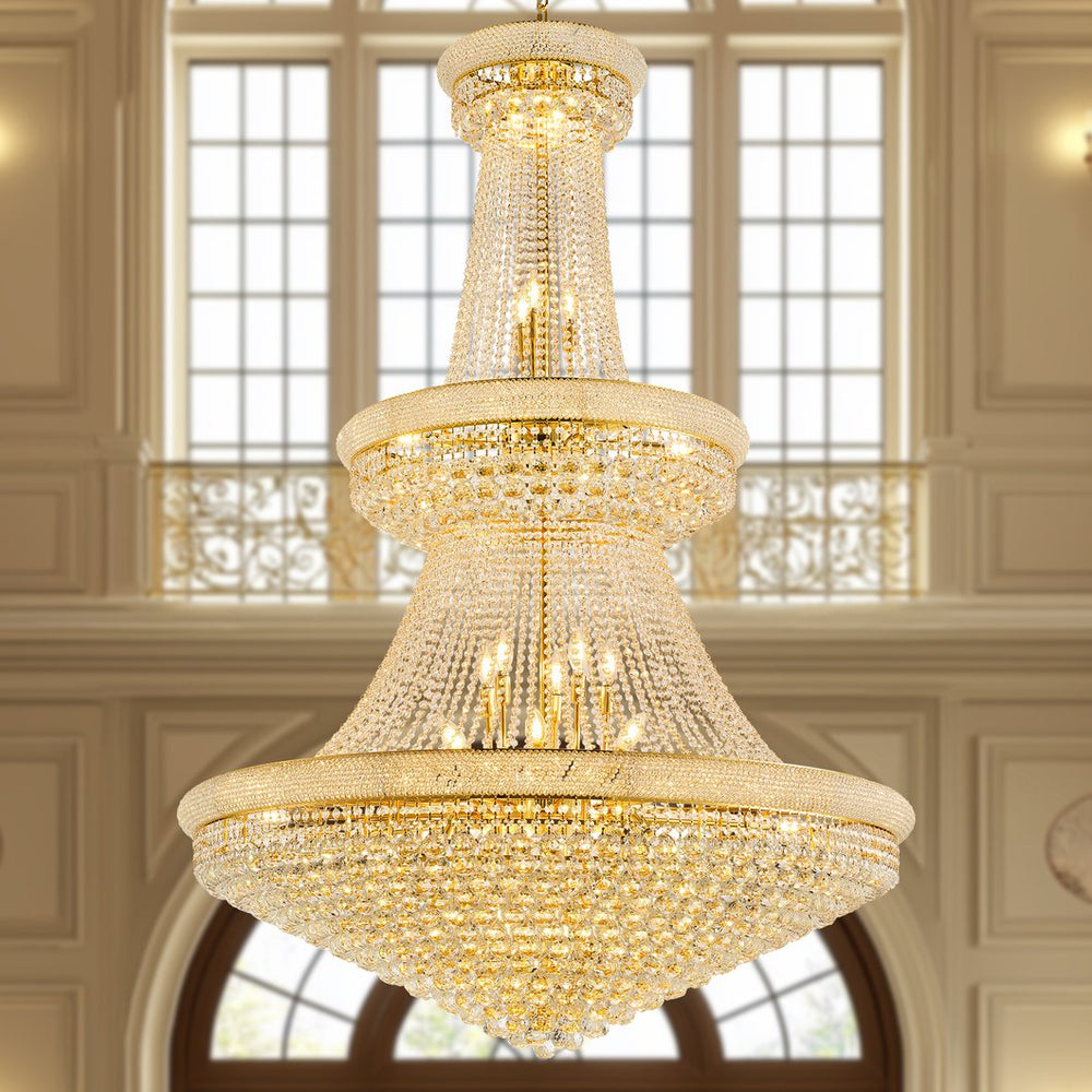 English Elm Grand Grand Gold Crystal Chandelier 48" 3-Tier Empire, 42 E12 Warm LEDs, 680 K9 Crystals, 79" Chain W2869S00005