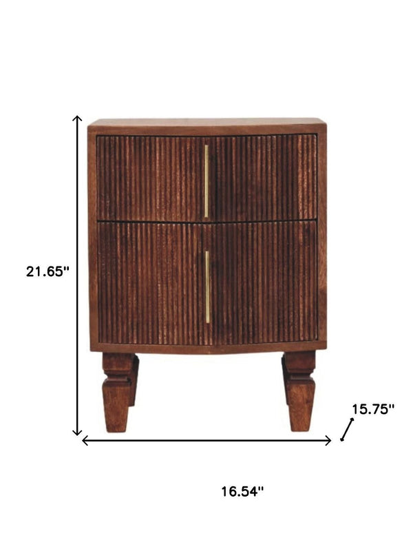 HomeRoots 22" Brown Solid Wood Nightstand with Two Drawers, Open Shelf, and Versatile Modern Design for Any Room 701723