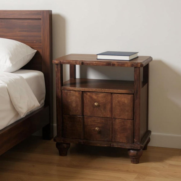 HomeRoots 25" Brown Solid Wood Two-Drawer Nightstand - Versatile Storage with Modern Design for Any Room 701724
