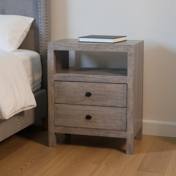 HomeRoots 24" Solid Wood Nightstand with Two Drawers and Open Shelf - Stylish Storage for Any Room Decor 701733