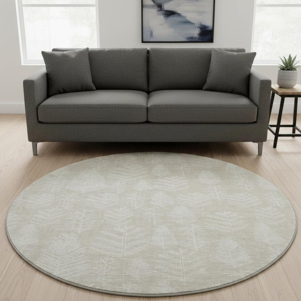 HomeRoots 8' Beige and Ivory Floral Washable Round Rug - Durable, UV-Protected, Pet-Friendly Home Decor Essential 701747