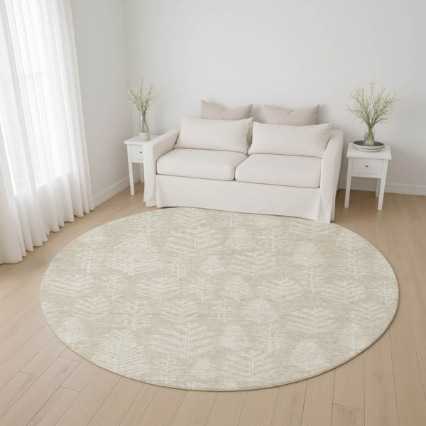 HomeRoots 8' Beige and Ivory Floral Washable Round Rug - Durable, UV-Protected, Pet-Friendly Home Decor Essential 701747