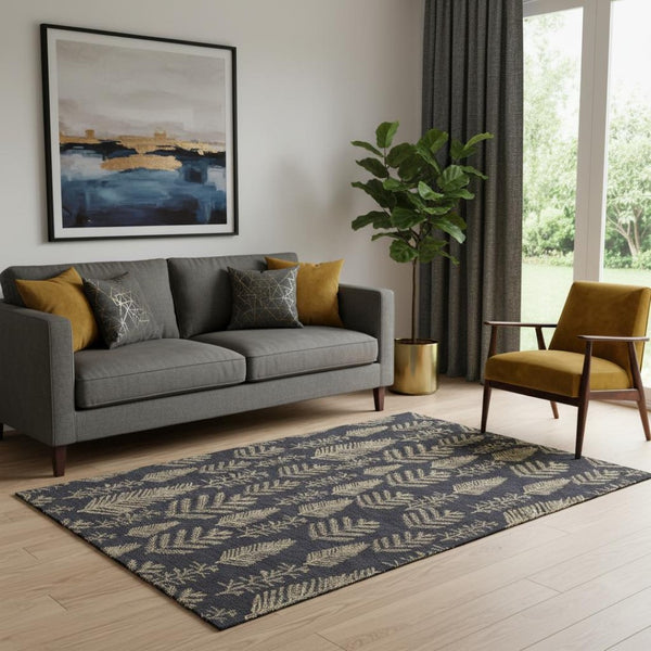 HomeRoots 5' Black and Gold Floral Area Rug - Washable, Stain Resistant, UV Protected for Stylish Durability 701752