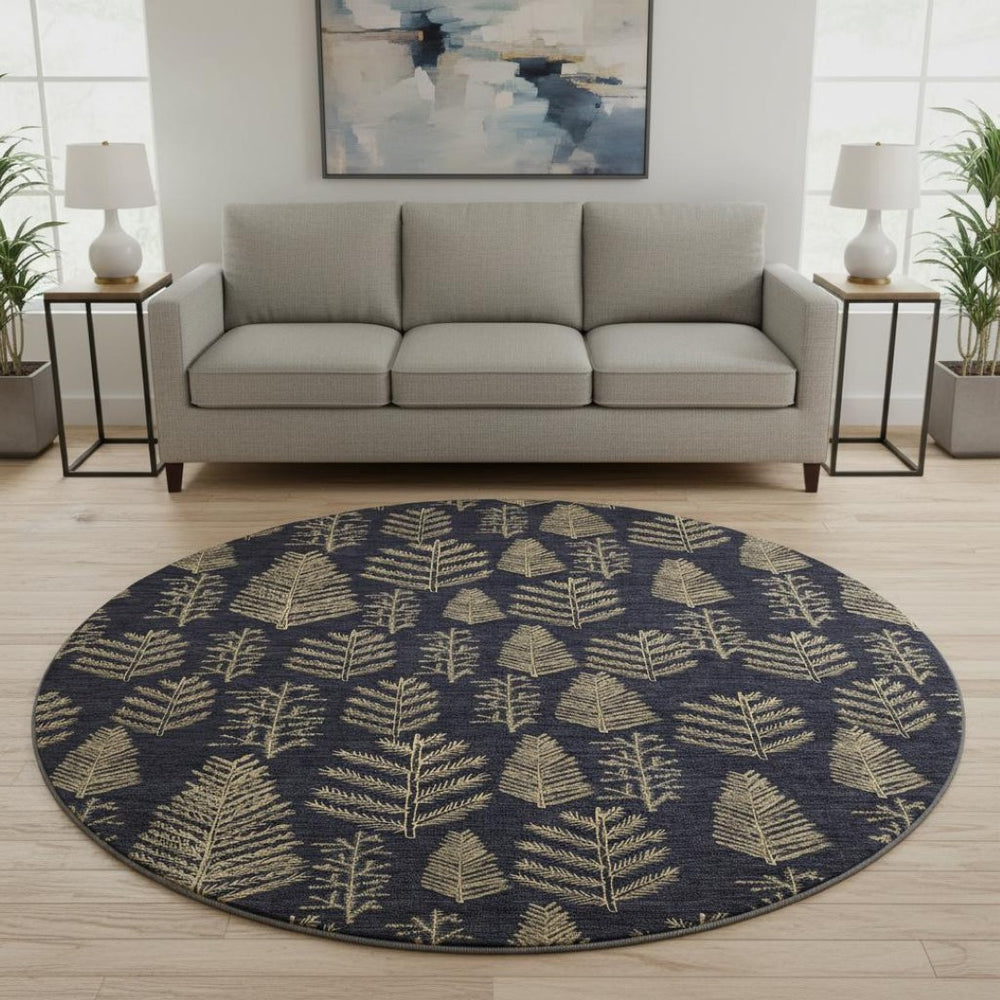 HomeRoots 8' Black And Gold Floral Round Rug - Washable, UV Protected, Durable & Stylish for Homes with Kids & Pets! 701753