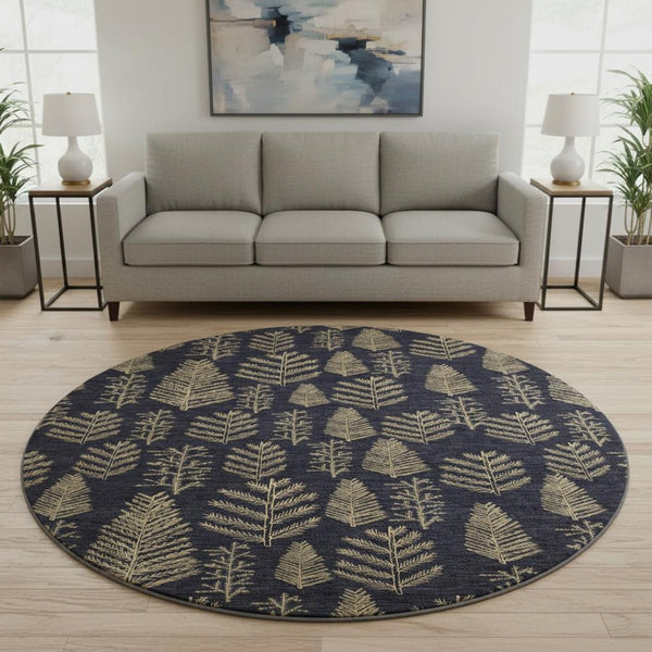 HomeRoots 8' Black And Gold Floral Round Rug - Washable, UV Protected, Durable & Stylish for Homes with Kids & Pets! 701753