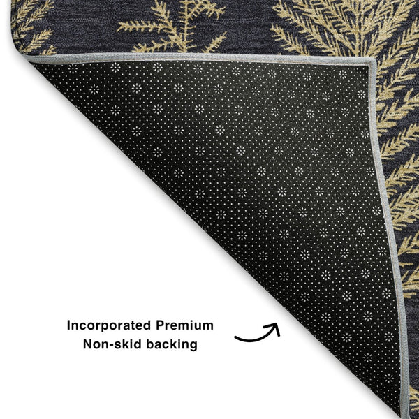 HomeRoots 8' X 10' Black and Gold Floral Area Rug - Durable, Washable, UV Protected with Non-Slip Backing 701754