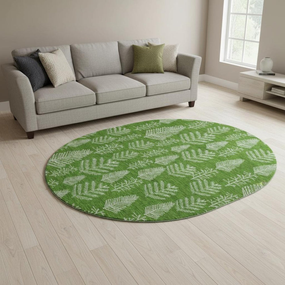 HomeRoots 8' Green And Ivory Floral Round Rug - Washable, UV-Protected, Durable Design for High-Traffic Areas 701759