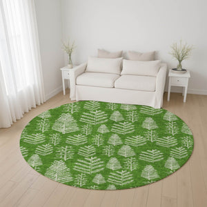 HomeRoots 8' Green And Ivory Floral Round Rug - Washable, UV-Protected, Durable Design for High-Traffic Areas 701759