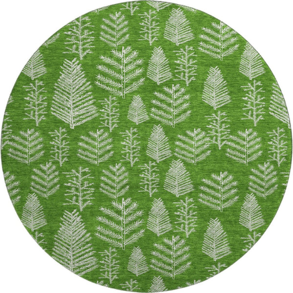 HomeRoots 8' Green And Ivory Floral Round Rug - Washable, UV-Protected, Durable Design for High-Traffic Areas 701759