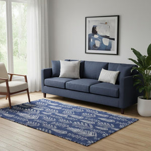 HomeRoots 5' X 8' Navy Blue Ivory Floral Washable Area Rug - Stain-Resistant, UV-Protected, Durable Design! 701764