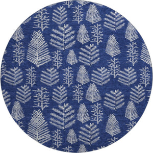 HomeRoots 8' Navy Blue & Ivory Floral Washable Round Rug - UV Protected, Stain Resistant, Ideal for Homes! 701765