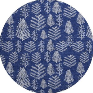 HomeRoots 8' Navy Blue & Ivory Floral Washable Round Rug - UV Protected, Stain Resistant, Ideal for Homes! 701765