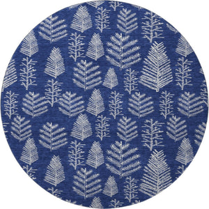 HomeRoots 8' Navy Blue & Ivory Floral Washable Round Rug - UV Protected, Stain Resistant, Ideal for Homes! 701765