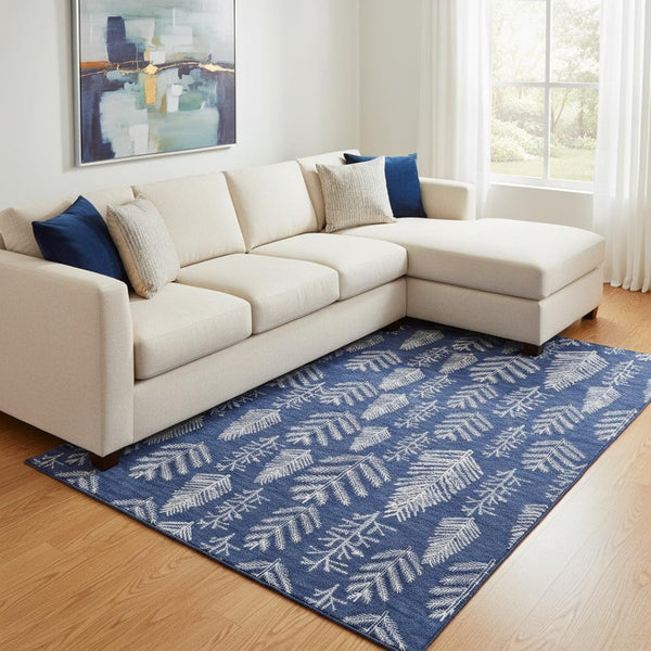 HomeRoots 8' X 10' Navy Blue & Ivory Floral Area Rug - Stylish, Washable, UV-Protected for Modern Homes 701766