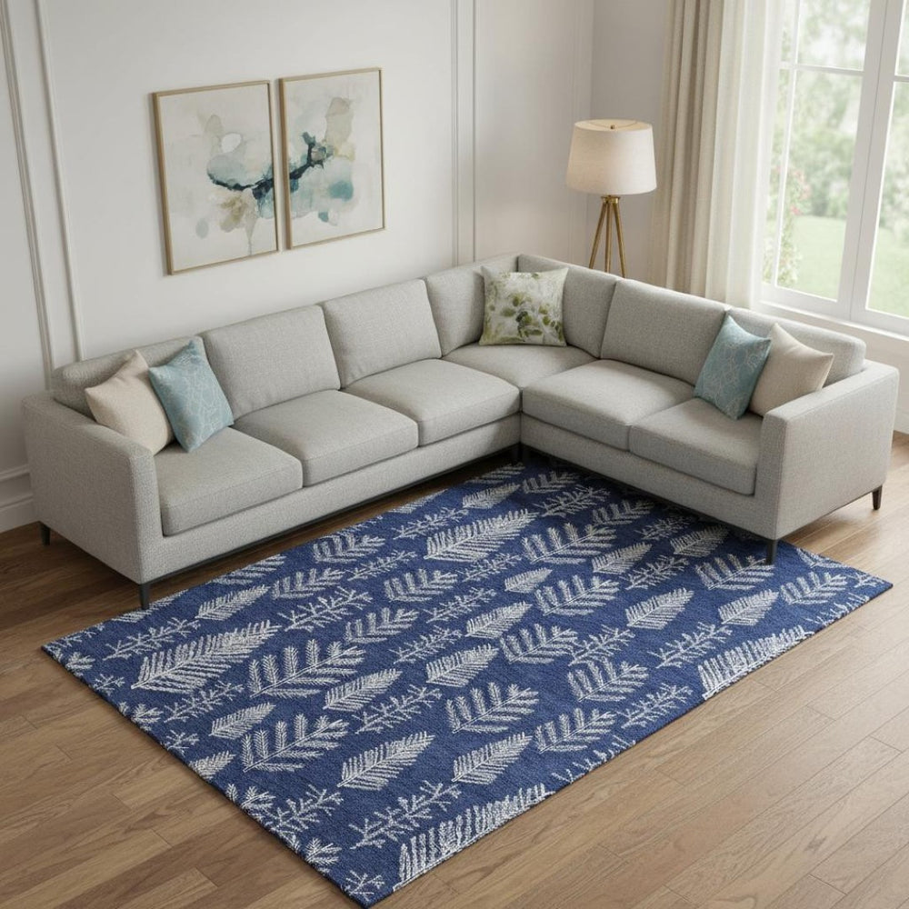 HomeRoots 9' X 12' Navy Blue Floral Area Rug - Washable, Stain Resistant, UV Protected for Family-Friendly Spaces 701767