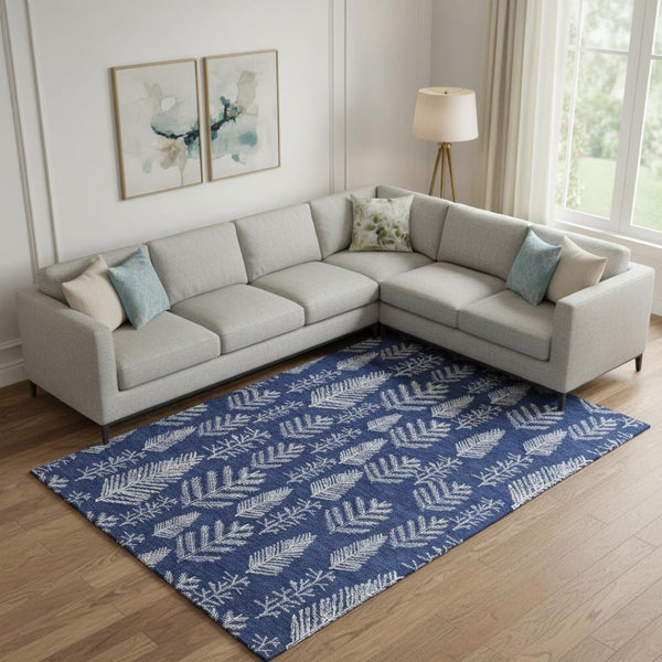 HomeRoots 9' X 12' Navy Blue Floral Area Rug - Washable, Stain Resistant, UV Protected for Family-Friendly Spaces 701767