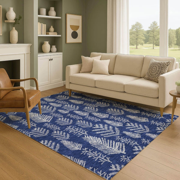 HomeRoots 10' Navy Blue & Ivory Floral Area Rug - Washable, UV Protected, Stain Resistant for High-Traffic Areas 701768