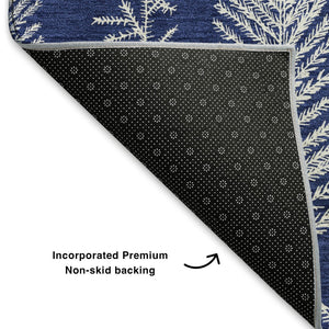 HomeRoots 10' Navy Blue & Ivory Floral Area Rug - Washable, UV Protected, Stain Resistant for High-Traffic Areas 701768