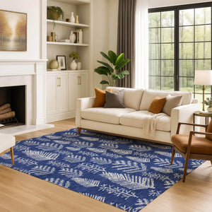 HomeRoots 10' Navy Blue & Ivory Floral Area Rug - Washable, UV Protected, Stain Resistant for High-Traffic Areas 701768
