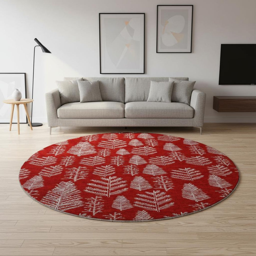 HomeRoots 8' Red And Ivory Floral Washable Round Rug - UV Protected, Stain Resistant, Non-Slip for High Traffic Areas 701771