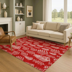 HomeRoots 9' X 12' Red And Ivory Floral Area Rug - Washable, UV Protected, Durable, Perfect for High-Traffic Spaces 701773