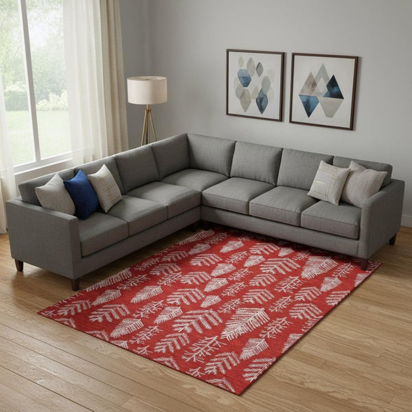 HomeRoots 10' X 14' Red And Ivory Floral Area Rug - Washable, UV Protected, Perfect for Active Homes & Kids! 701774