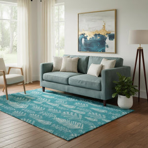 HomeRoots 5' X 8' Teal and Ivory Floral Area Rug - Durable, Stain Resistant, UV Protected, Machine Washable Design 701776