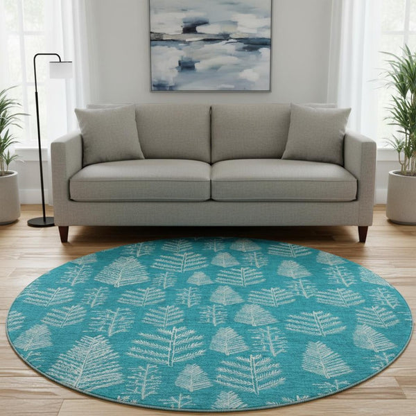 HomeRoots 8' Teal and Ivory Floral Round Rug – Washable, UV Protected, Stain Resistant, Perfect for Busy Homes! 701777
