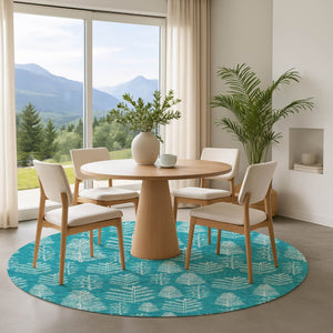 HomeRoots 8' Teal and Ivory Floral Round Rug – Washable, UV Protected, Stain Resistant, Perfect for Busy Homes! 701777
