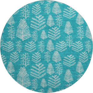 HomeRoots 8' Teal and Ivory Floral Round Rug – Washable, UV Protected, Stain Resistant, Perfect for Busy Homes! 701777
