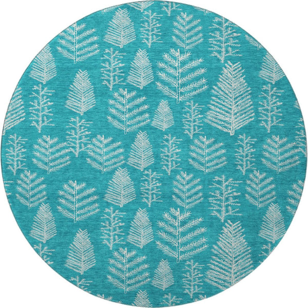 HomeRoots 8' Teal and Ivory Floral Round Rug – Washable, UV Protected, Stain Resistant, Perfect for Busy Homes! 701777