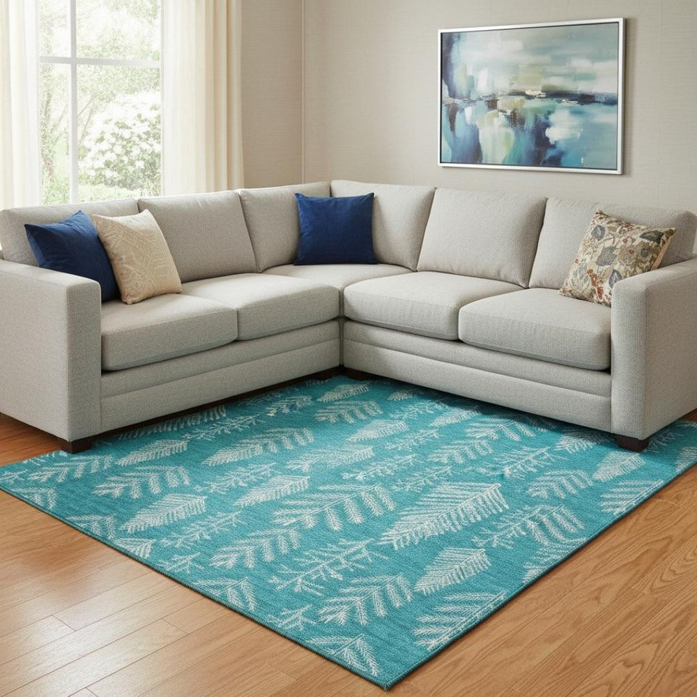 HomeRoots 8' X 10' Teal and Ivory Floral Area Rug - Washable, UV Protected, Stain Resistant for Family Spaces 701778