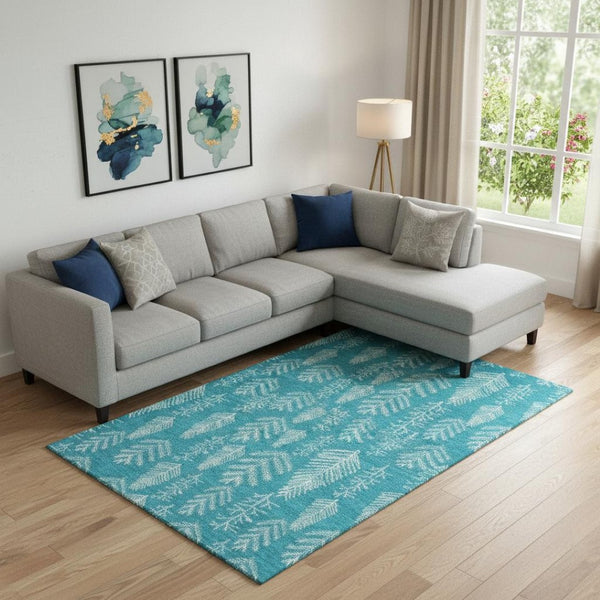 HomeRoots 9' X 12' Teal Floral Area Rug - Washable, UV-Protected, Stain-Resistant for High-Traffic Spaces 701779