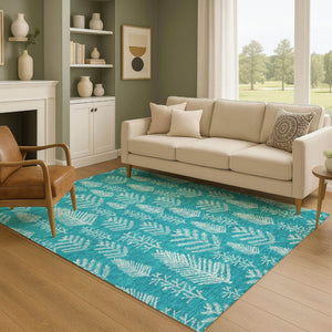 HomeRoots 9' X 12' Teal Floral Area Rug - Washable, UV-Protected, Stain-Resistant for High-Traffic Spaces 701779
