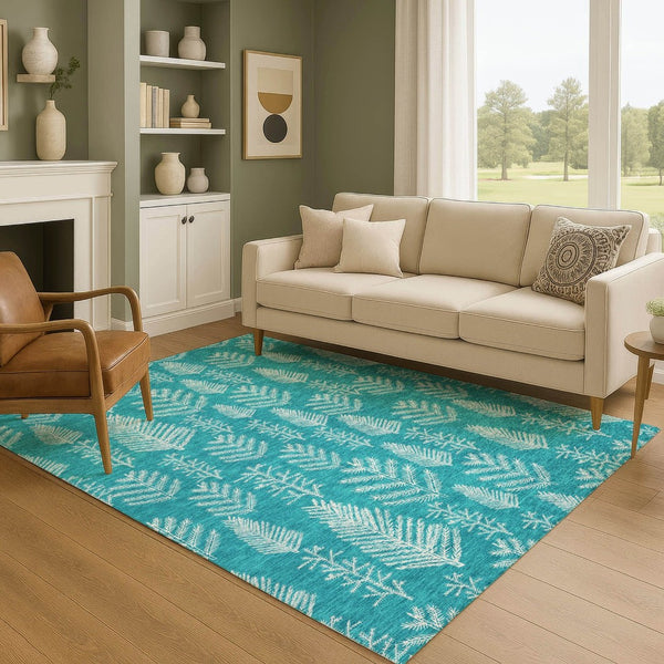 HomeRoots 9' X 12' Teal Floral Area Rug - Washable, UV-Protected, Stain-Resistant for High-Traffic Spaces 701779