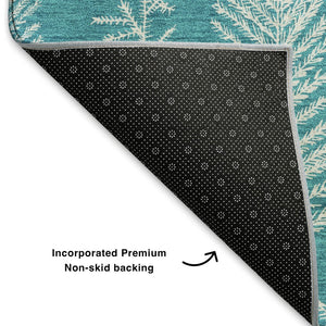 HomeRoots 9' X 12' Teal Floral Area Rug - Washable, UV-Protected, Stain-Resistant for High-Traffic Spaces 701779